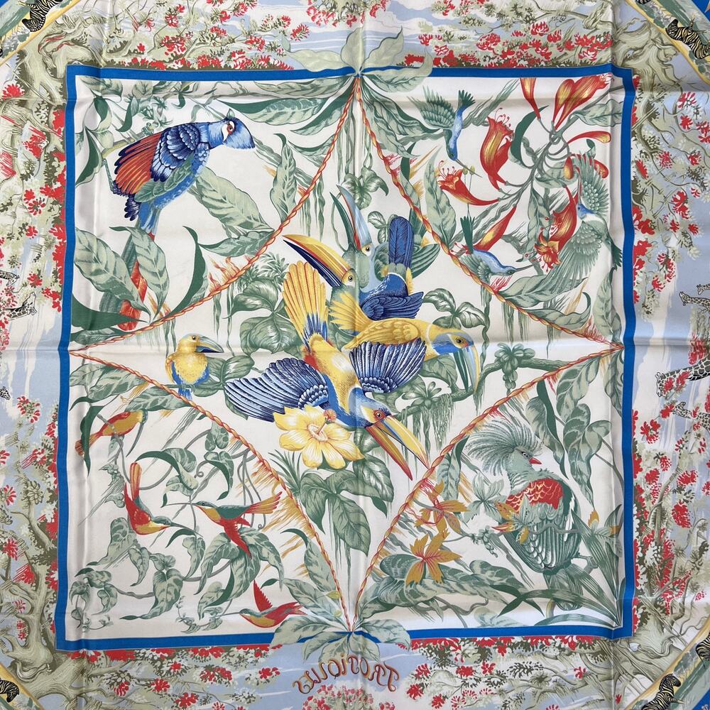 Hermes Paris Tropiques 90 Silk Carre Scarf Blue Tropical Bird 35 Square France - Picture 9 of 16